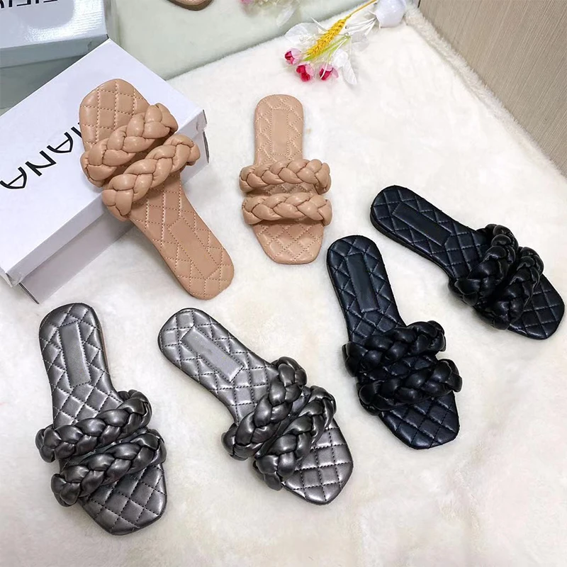 

Women Square Toe Flats Slippers 2021 Woman Slip On Slides Women's Weave Casual Summer Ladies Outdoor Beach Shoes Female Footwear