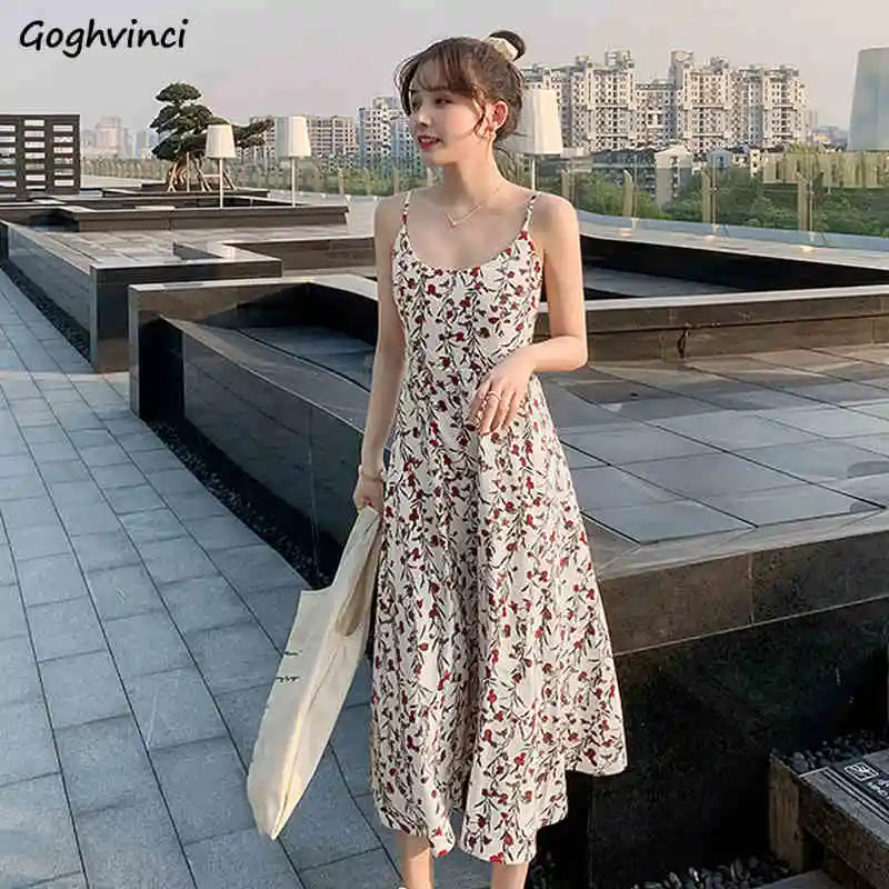 

Women Sleeveless Dress Floral Print Loose Casual Spaghetti Strap Sexy Female Korean Style All-match Fashion Vintage Ulzzang Chic