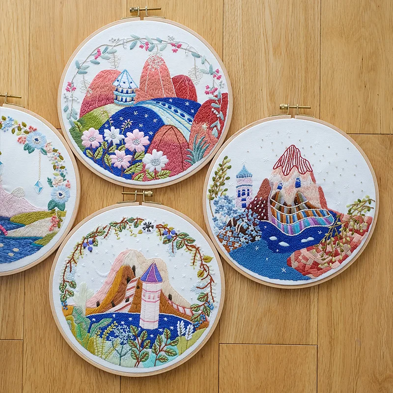 

23cm Hoop DIY Embroidery Set for Beginner Needlework Kits Europe Town Scenery Cross Stitch Series Needle Arts Crafts Sewing