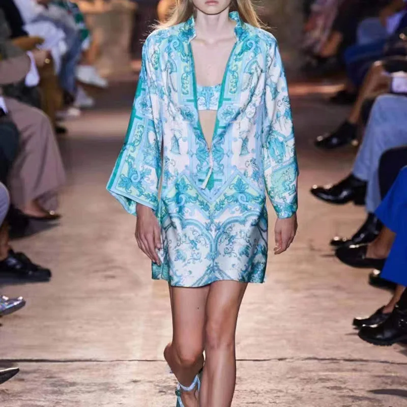 

Модельное платье с винтажным принтом, Очаровательные Короткие праздничные платья на молнии с глубоким V-образным вырезом и длинным рукавом,...