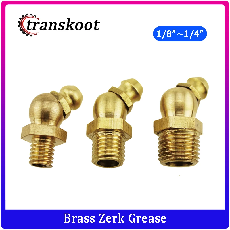 

1/4"-28 1/4"-27 1/8"-27 1/4"-19 SAE Standard 45 Degree Hydraulic Brass Zerk Oil Grease Fitting for Oil Gun or Car Repair