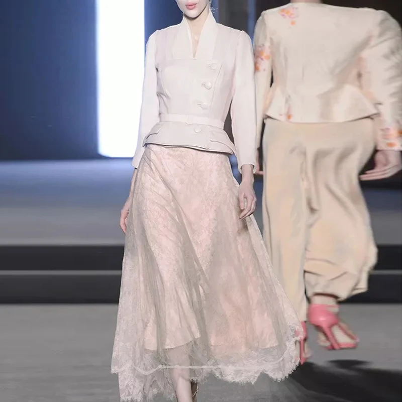 

2020 Runway Autumn New Style Sexy V-Neck Belt Long-Sleeved Suit Jacket Sexy Lace Big Hem Skirt Women'S Suit High Quality