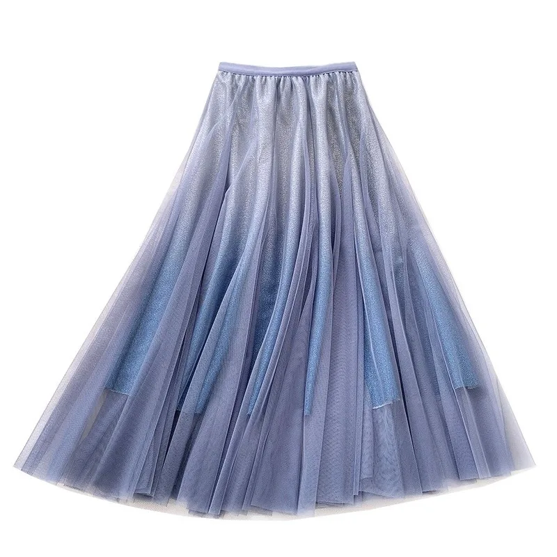 

2 Layers Gradient Color Tulle Skirts Womens Elegant Adult Long Skirt Elastic High Waist Pleated Skirt A-Line Tutu Skirt 2020 New