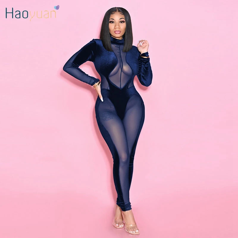 

HAOYUAN Mesh Sheer Velvet Bodycon Jumpsuit Long Sleeve Fall Women Clothing Sexy Clubwear Outfits One Piece Night Party Rompers