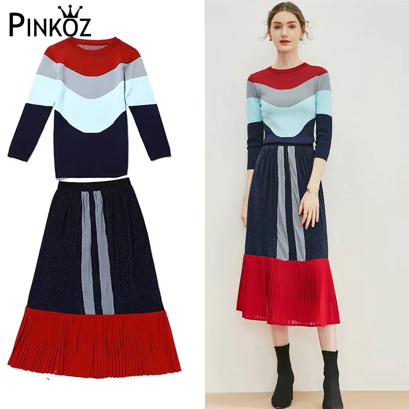 Новый вязаный костюм с юбкой Pinkoz Весенний Модный облегающий свитер +