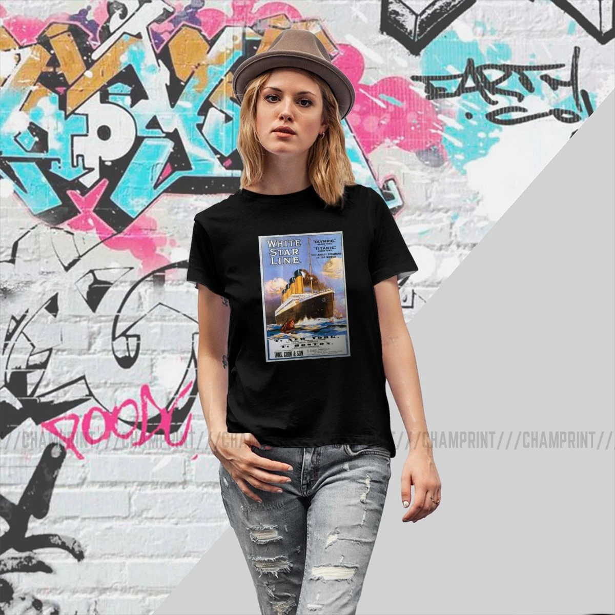 Футболка женская с принтом Титаник винтажный постер Повседневная тенниска из 100%
