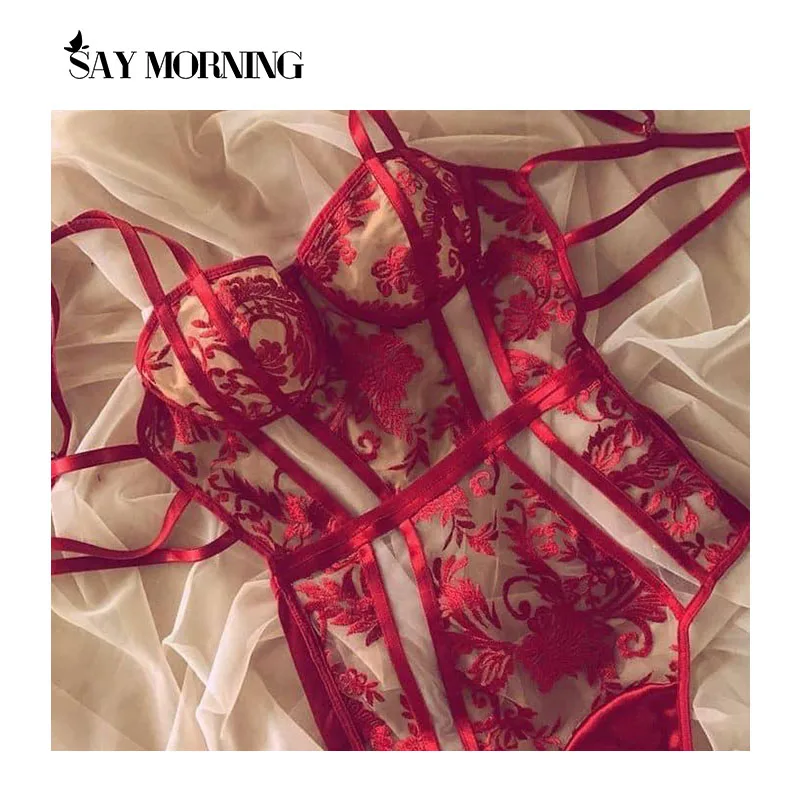 SAY MORNING 2022 Embroidered Hollow Sexy Women's Patchwork Bodysuit Underwear Set Lace Perspective One-Piece Erotic Lingerie |