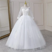 real video cheap luxury pearls ball gowns o neck off white tulle bridal dress for wedding dresses with sleeve plus size custome