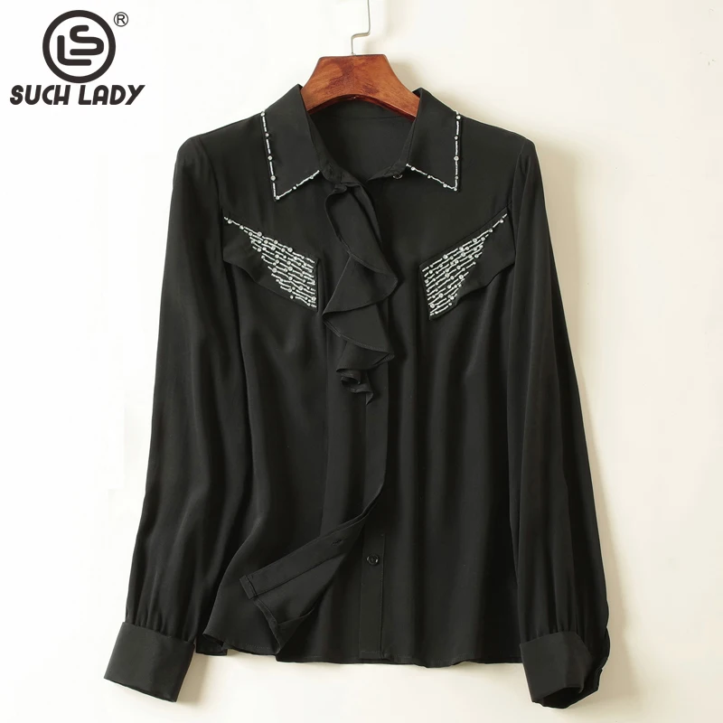 

100% Silk Women's Shirt Turn Down Collar Long Sleeves Beaded Sequined Fashion Blouse Tops