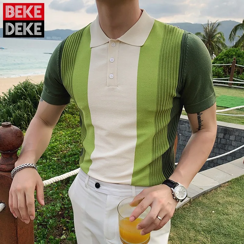 

2021 Summer Mens New Turn-Down Collar Pullover Slim Korean Style Mixed Colors Vintage Short Sleeve Fashion Casual T-Shirts