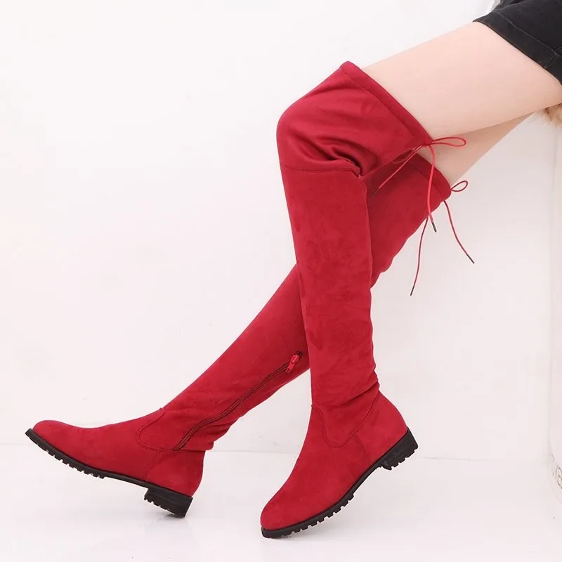 

2021 New Winter Over-the-knee Boots Women's Low-heeled Black Suede Women's Shoes Lace-up Elastic Boots Long Boots