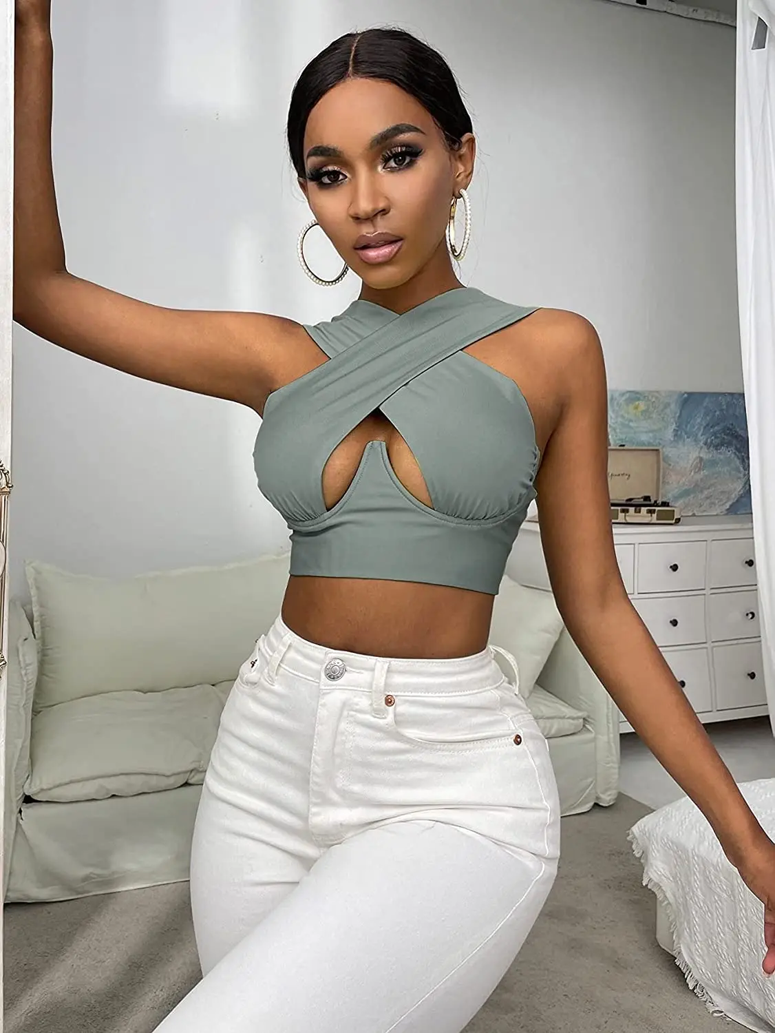 

Women's Criss Cross Tank Tops Sexy Sleeveless Solid Color Cutout Front Crop Tops Party Club Streetwear Summer Lady Bustier Tops