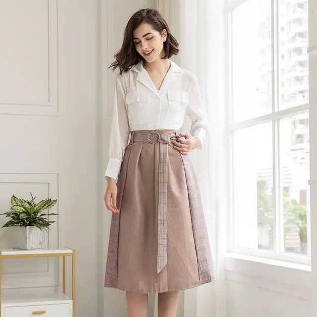 Женский комплект из 2 предметов шифоновая блузка и винтажная клетчатая миди-юбка