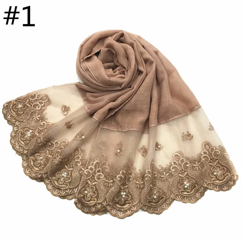 

75*180cm Muslim Lace Hijab Scarf Islamic Pearls Beading Headscarf Arab Head Wraps and Shawls Foulard Femme Musulman Turban Scarf