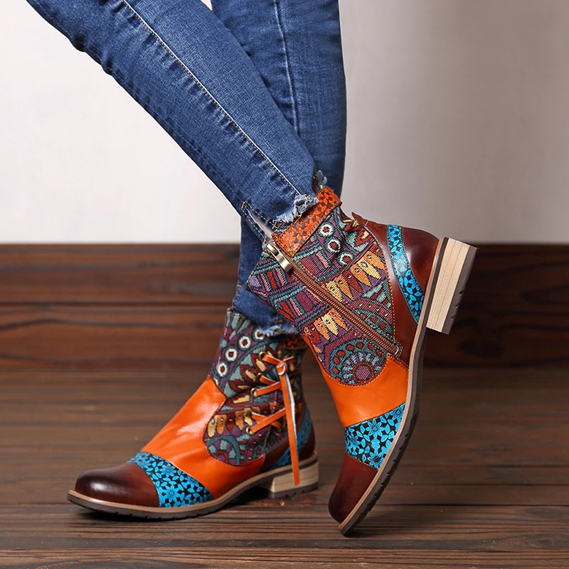 

Retro Bohemian Boots Women Shoes Woman Spring Autumn PU Leather Motorcycle Boots Zipper Chunky Heel Ankle Shoes 2021