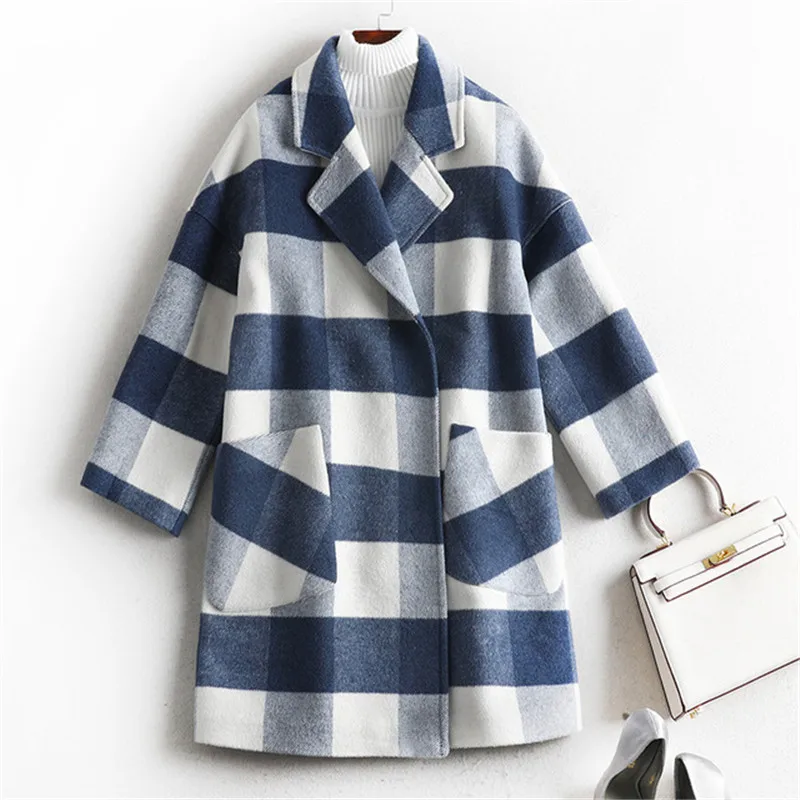 Женское шерстяное пальто осенне зимняя верхняя одежда в клетку средней длины с