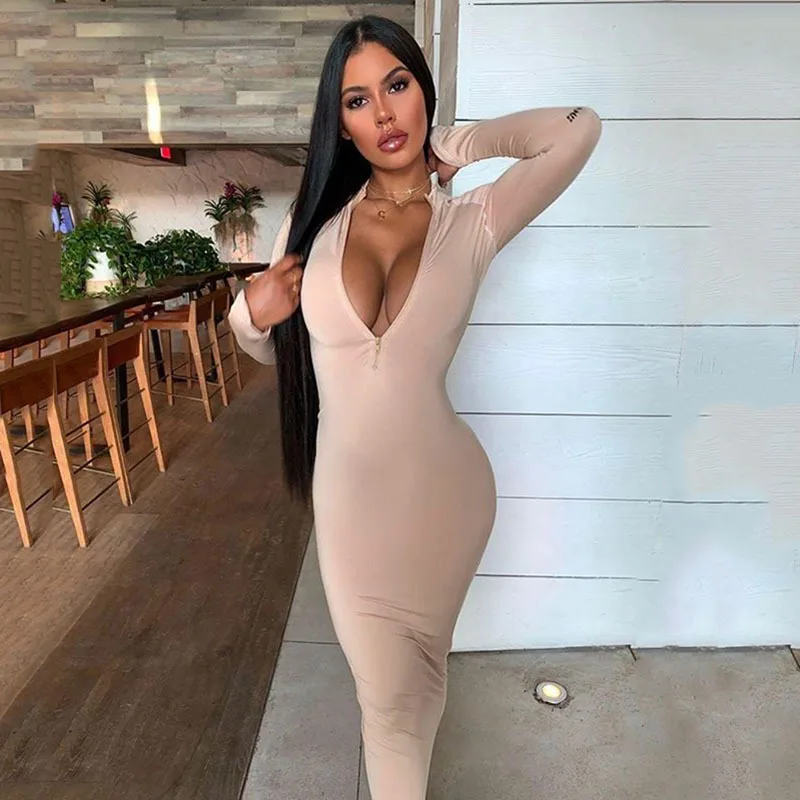 Женское платье макси Осень зима 2020 облегающие платья на молнии с длинным рукавом