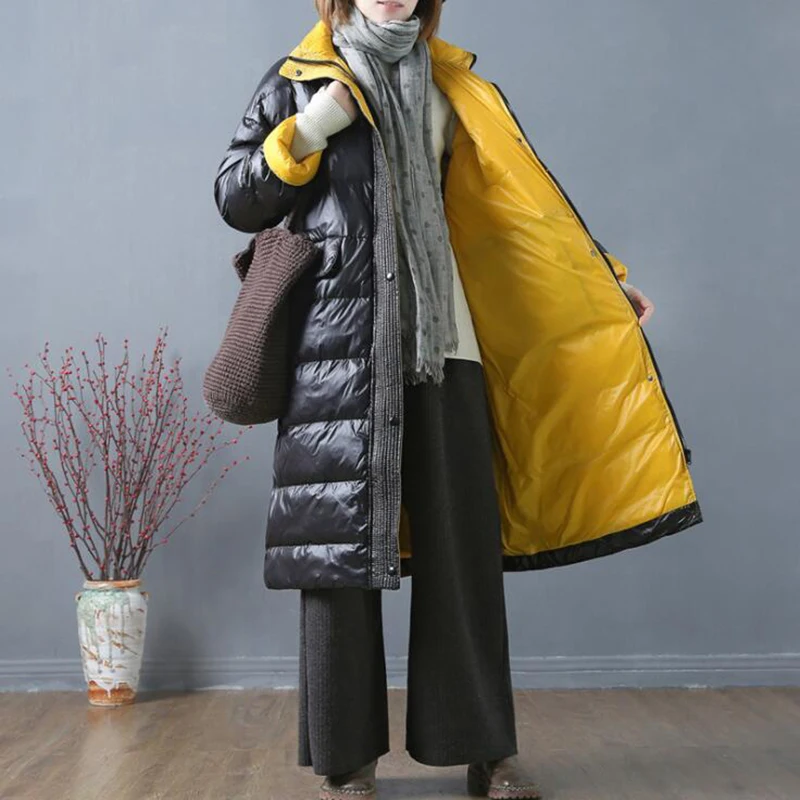 

EORUTCIZ Winter Long Duck Down Coat Women Oversize Thick Jacket Fashion Patchwork Casual Slim Black Spring Coat LM684