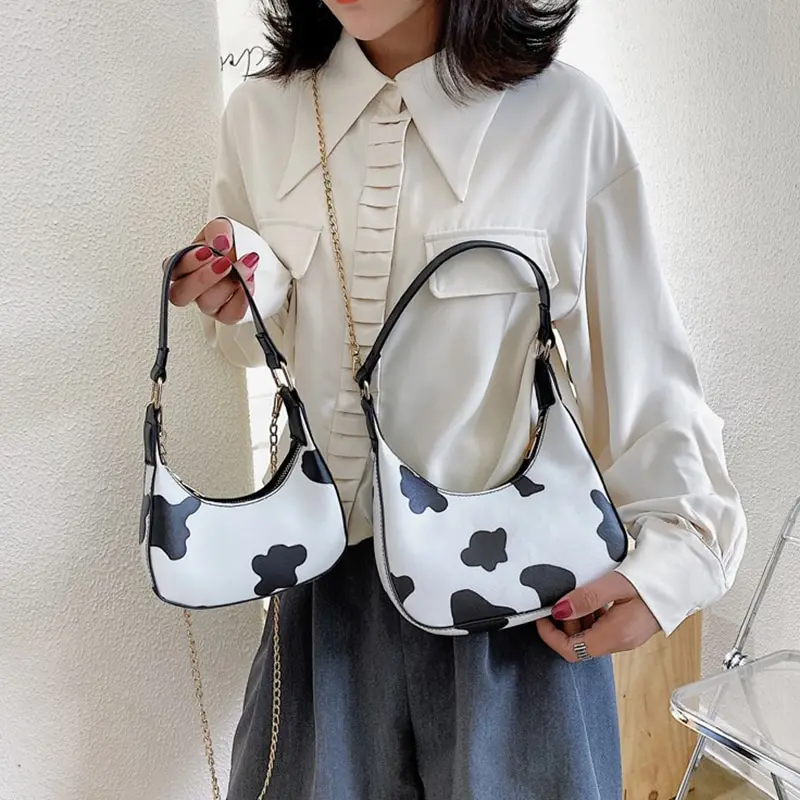 

Fashion Women Cow Milk Pattern Chain Shoulder Bag Tote PU Leather Underarm Bags