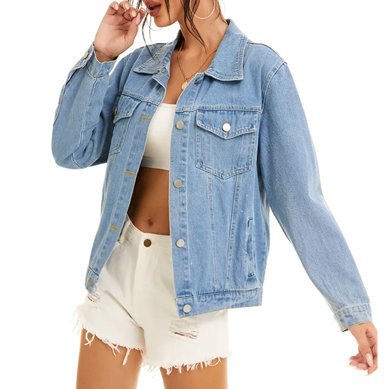 

Spring Women Denim Jacket Fashion Casual 2021 Jeans Jackets Lady Vintage Loose Washed Distressed Long Sleeve Jeans Coats