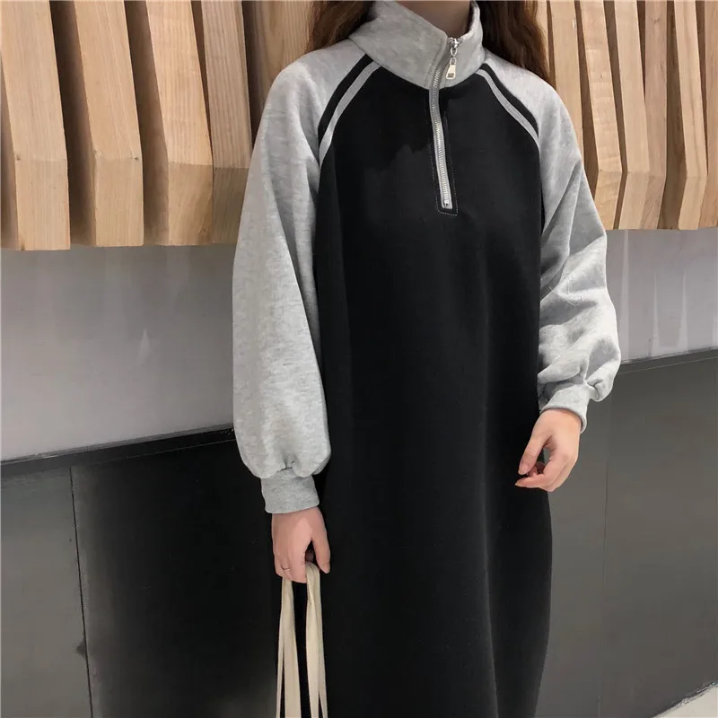 

Dress Women Zipper Long Sleeve Mid-Calf Female Korean Style Patchwork Womens Dresses High Quality Trendy Student Loose All-match