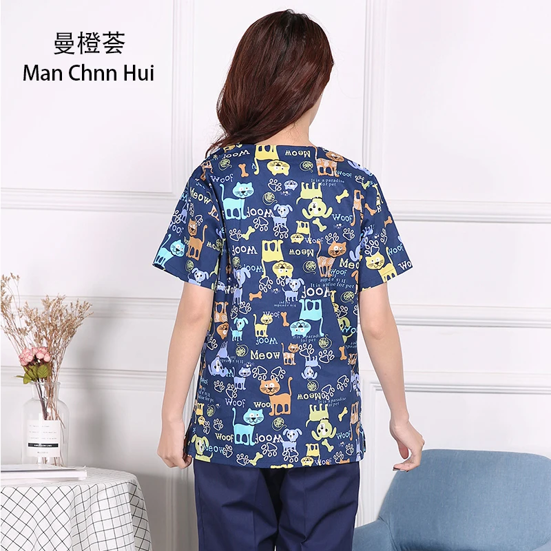 Ветеринарная униформа топы для женщин топ врачей скрабы синие цветы принт собаки