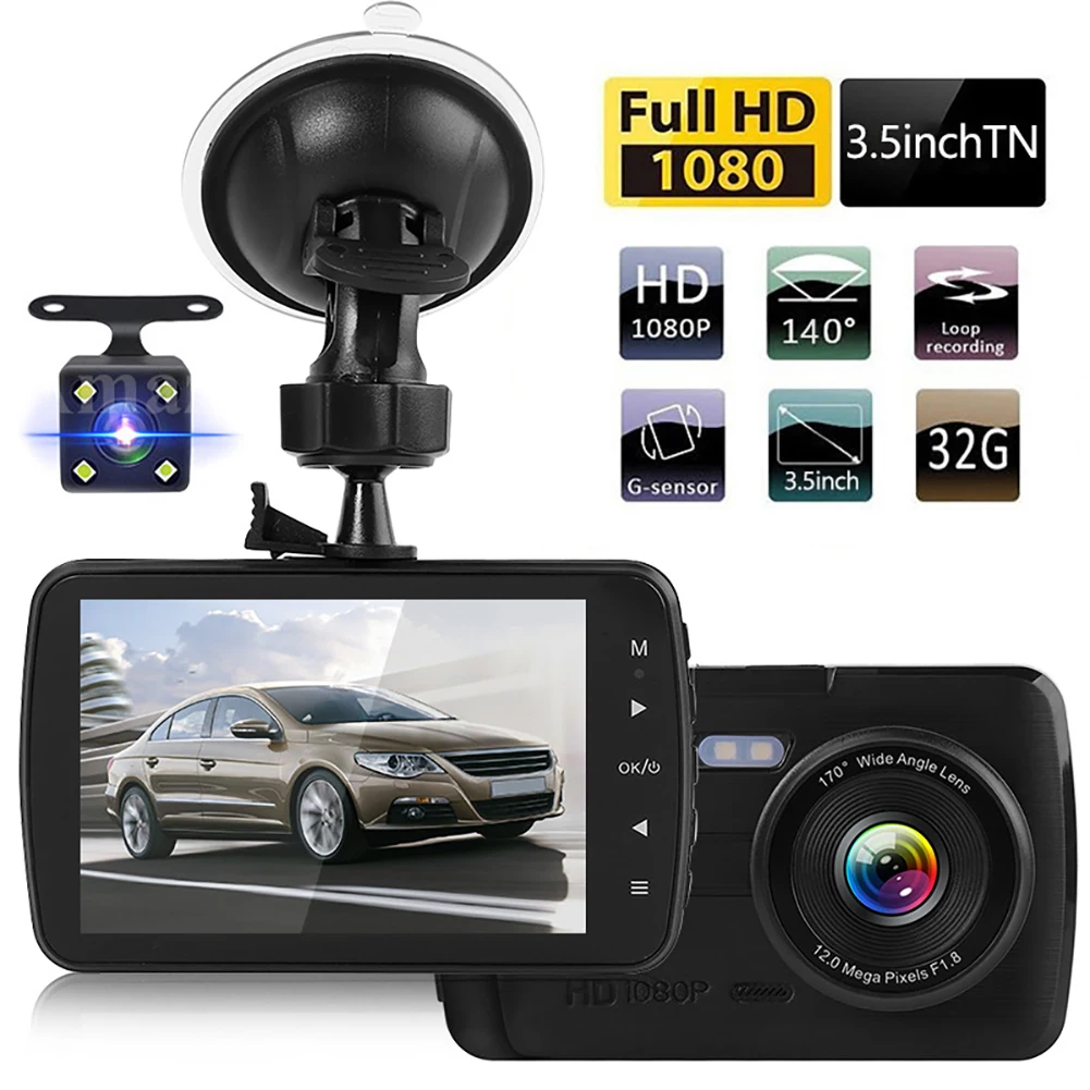 

Автомобильный видеорегистратор с камерой заднего вида, двойным объективом 1080P 3,5 "Full HD, циклической записью, акселерометром, Автомобильный в...