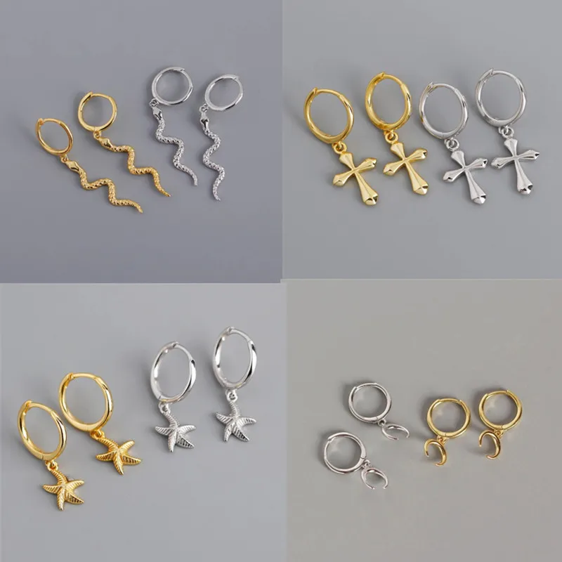 

925 Sterling Silver Snake Cross Star Moon Stud Earrings For Women Romantic Wedding Party Jewelry Brincos Pendientes