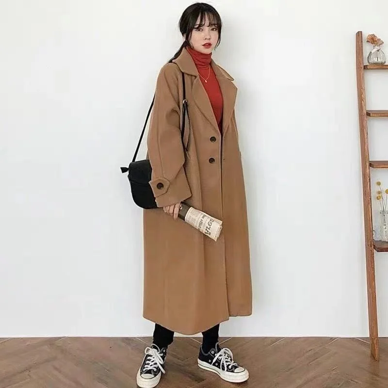 

Woman Long Woolen Blends Coat Retro England Versatile New Vintage Windbreaker Casual Warm Woolen Oversize Lady Coat