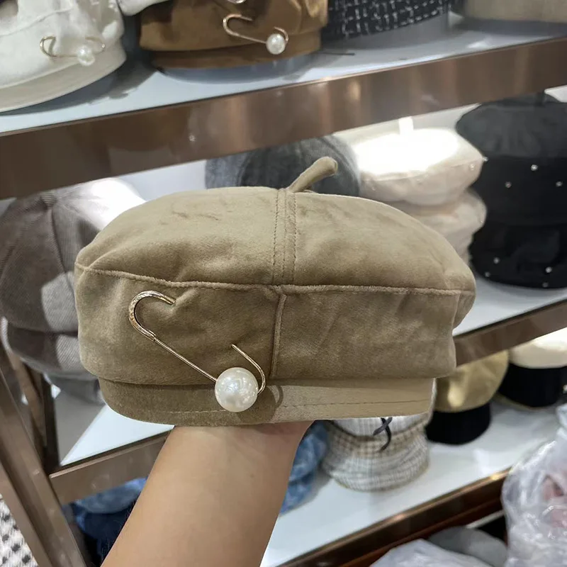 

Осенняя однотонная замшевая Дамская берет 202112-2F-038 с жемчужинами, женская шляпа художника для отдыха