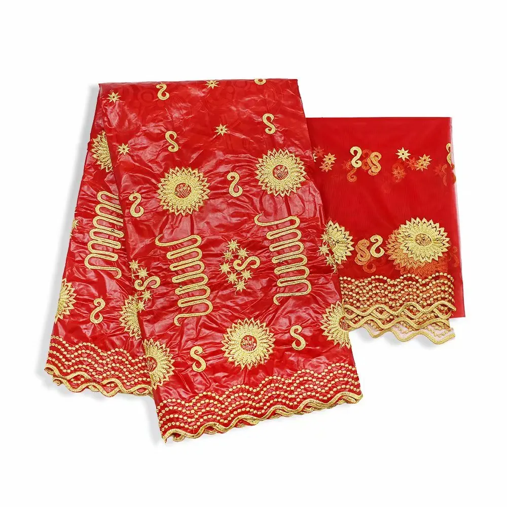 

African 5+2 Yards Basin Riche Lace Fabric With Blouse Ankara White Bazin Gold Line Embroidered Guipure Wedding Beads Lace Fabric