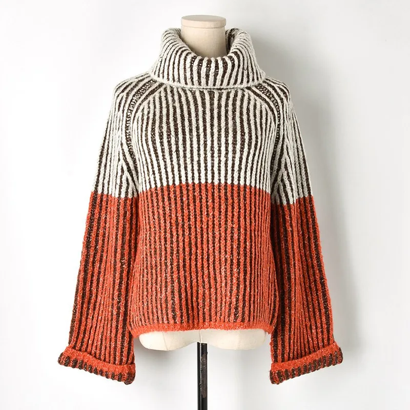 2018 женский толстый осенний свитер контрастного цвета с длинным рукавом высоким