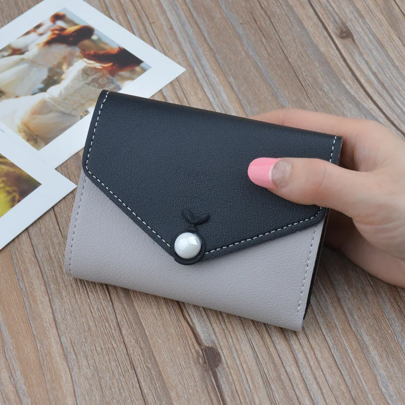 

Card Cash Wallet Women Short Korean Three Fold Female Color Contrast Student Lovely Pearl Small Wallets Soft Leather Slim Purses