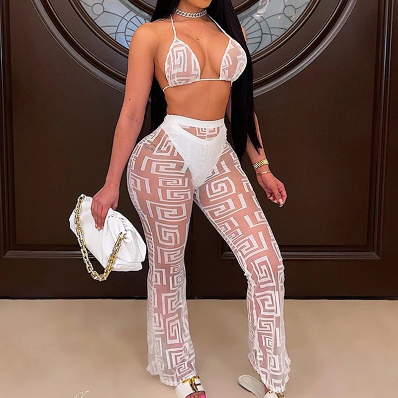 

Summer New Pants Set See Through Lace up Backless Bikini Top + Underwear Thong + Long Pants Slim Women 3 Piece Set