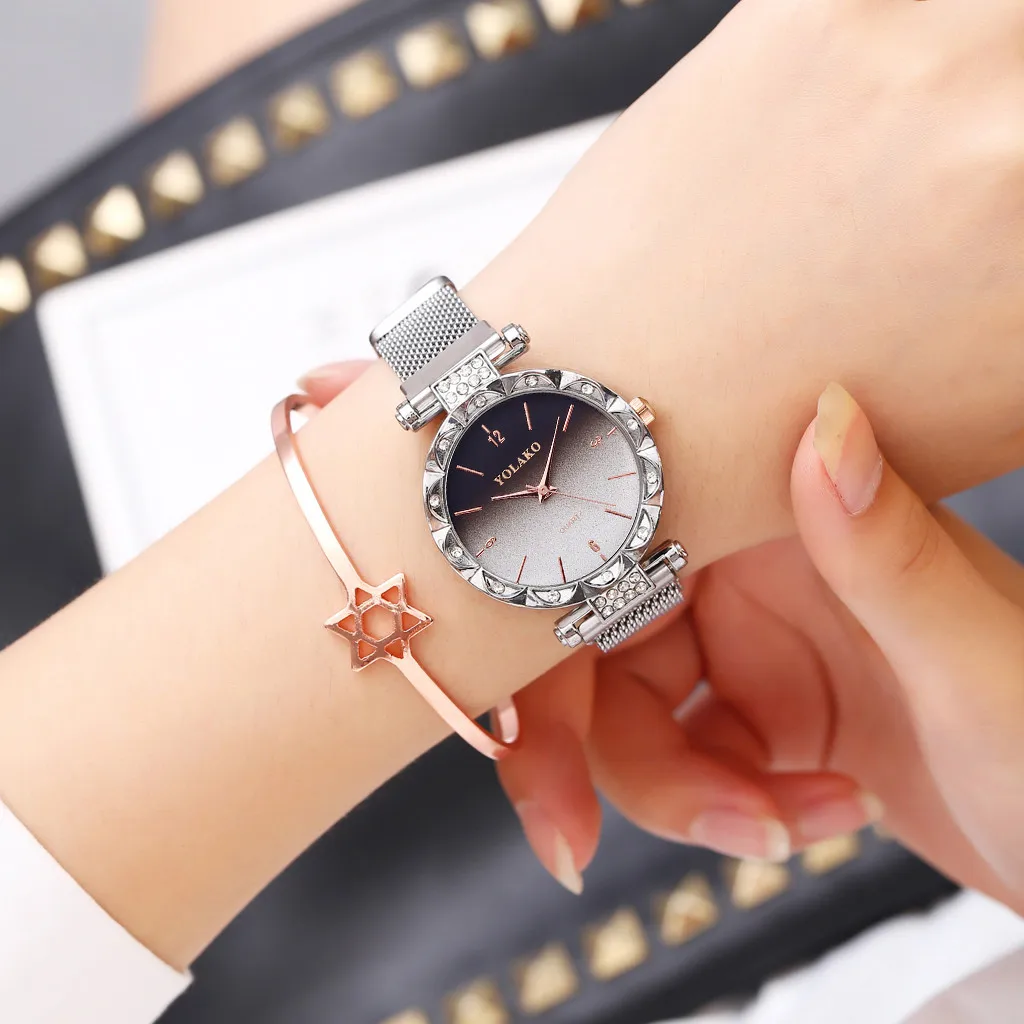 Женские кварцевые часы браслет из нержавеющей стали с сетчатым браслетом и