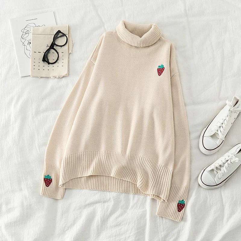 Beige sweater Kawaii, клубника, водолазка, Женский вязаный свитер, Милая Вышивка, высокая горловина, трикотаж, милый, на год, Pull Femme, джемпер, красный, Корея - Цвет: Beige sweater