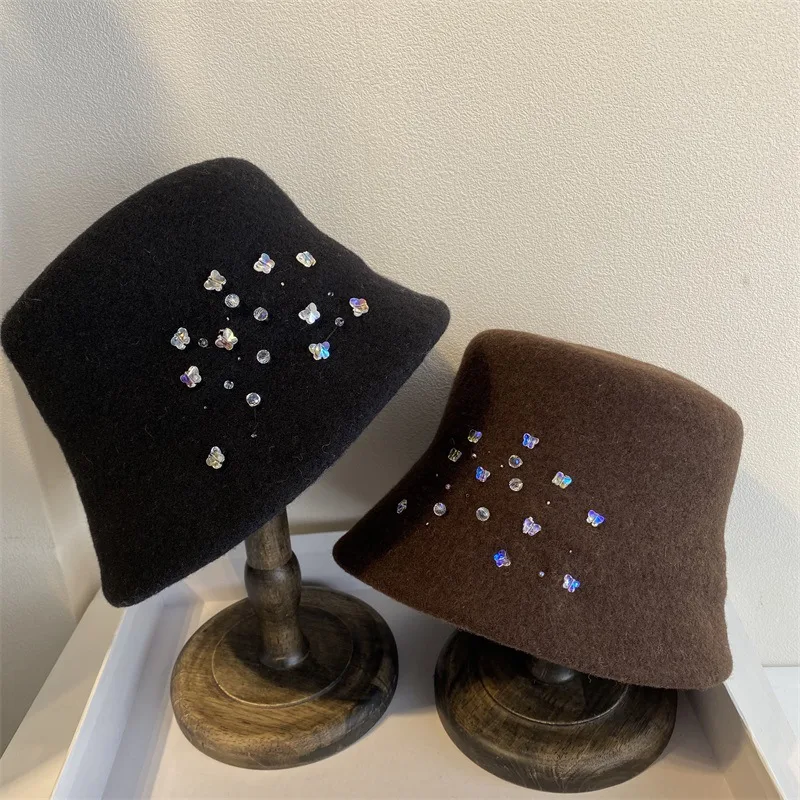 

Japanese Wool Fisherman Hat Small Colorful Butterfly Adornment Straight Contracted Joker Bucket Hat Winter Hats Women In The Str