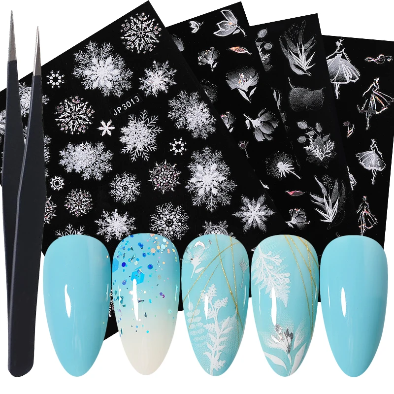 Снежинки цветок 3D наклейки с пинцетом набор лазерные золотые переводные для