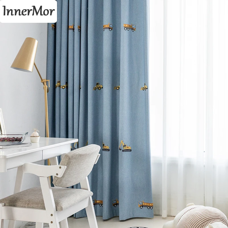 

Innermor Cartoon Blackout Blue Curtains For Kids Bedroom Living Room Embroidered car Faux Linen Drapes Customized