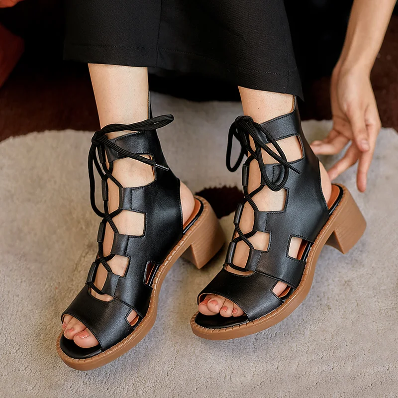 Murah Sandal Wanita Diikat Silang Sepatu Kulit Asli Ringkas Mode Pesta Musim Panas 2021 Pump Hak Tinggi Persegi Dasar
