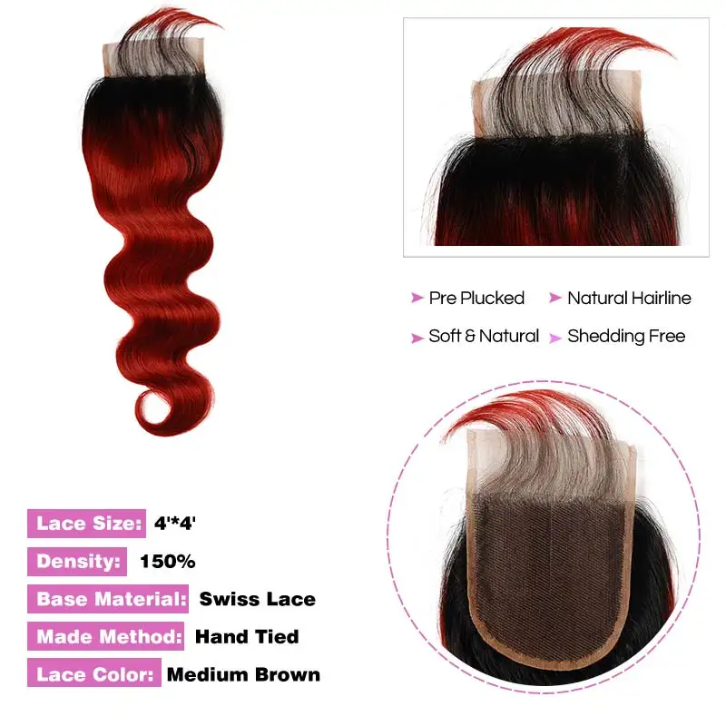 Перуанские человеческие пряди волос с закрытием объемная волна 3 T1B/красный Омбре