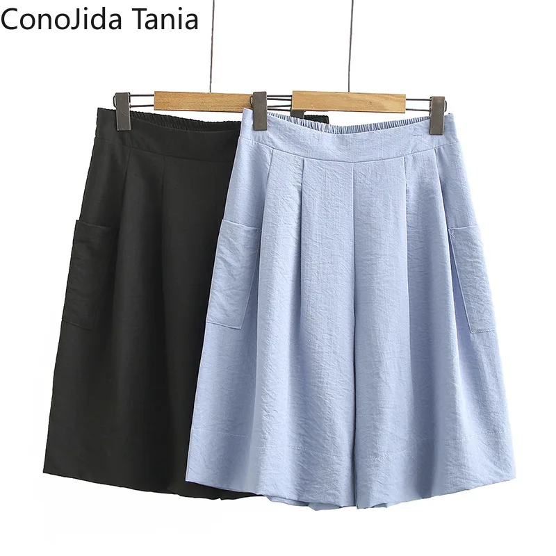 

Korean Women's New Simple High Waist Elastic Wide Leg Short Pants(Plus size to 3XL)