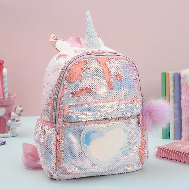 Cute Heart Sequins Travel Backpacks Kids Girls Glitter Shoulder Schoolbag