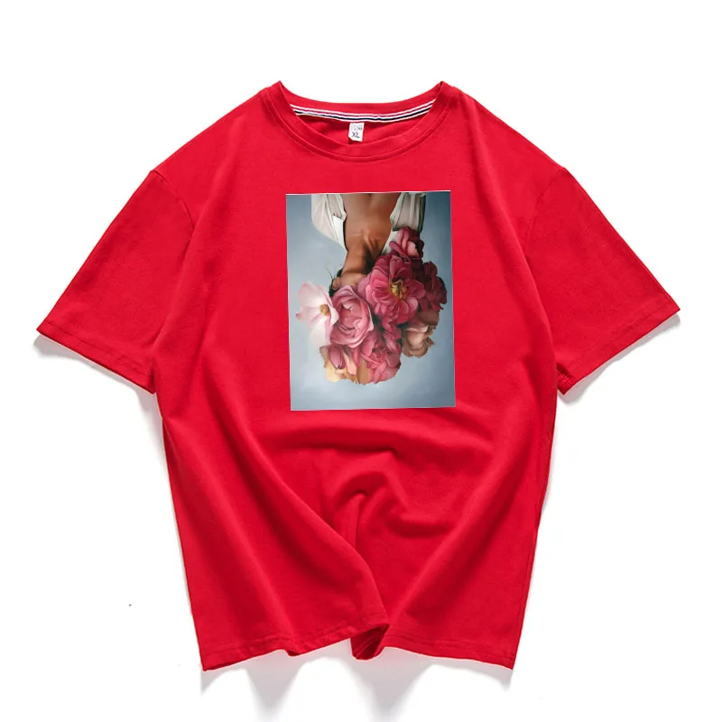 Женская летняя рубашка с короткими рукавами круглым вырезом и цветочным принтом