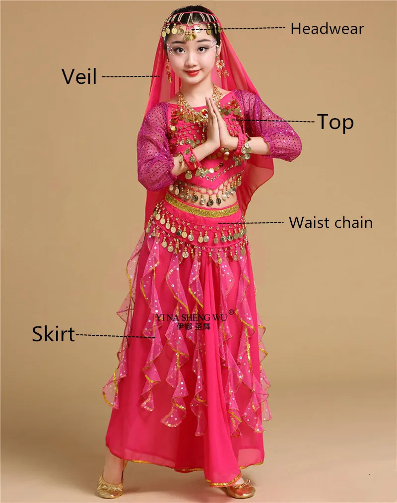 Rose 5pcs Детские костюмы для танца живота, индийские Детские костюмы для танца живота, одежда для восточных танцев для девочек, индийский комплект для выступлений в Болливуде, танец живота - Цвет: Rose 5pcs