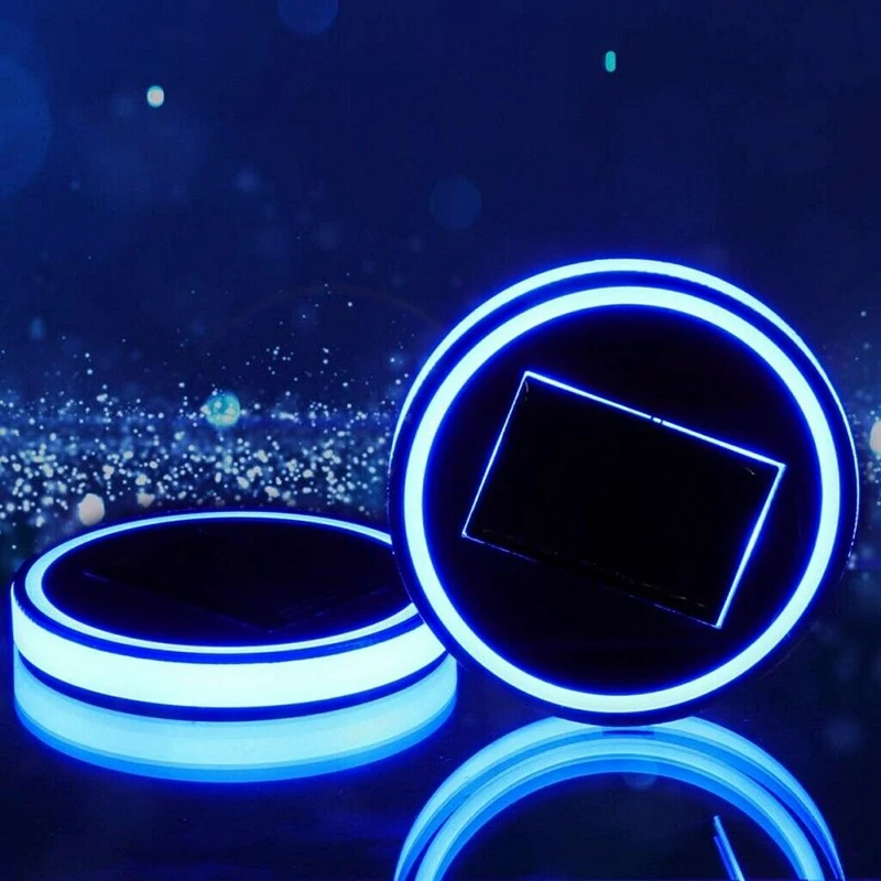 

NEW-2PC LED Solar Cup Pad Car Accessories Light Cover Interior Decoration Lights