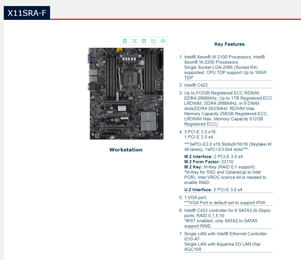 Preise Neue Original X11SRA-F Workstation Motherboard C422 Unterstützt Xeon W Serie W-2125 U.2 M.2 Interface