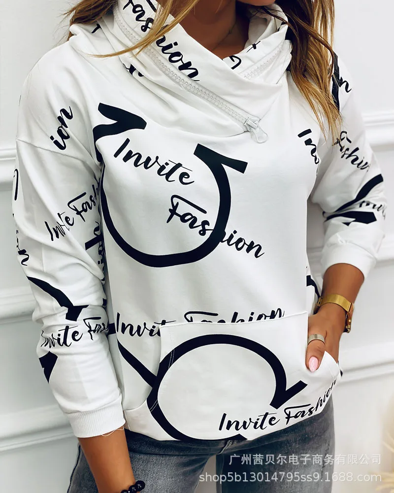 

Женская толстовка с капюшоном, модная осенняя одежда с буквенным принтом, новинка, свитер с длинным рукавом и карманами, женские толстовки