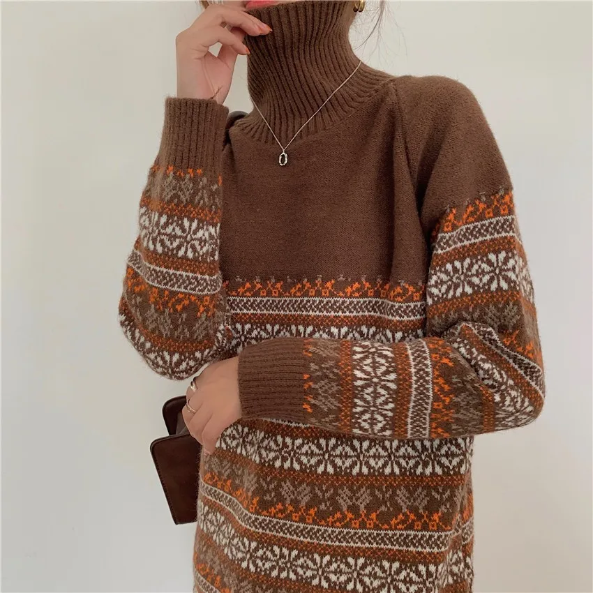 

Винтажный кашемировый вязаный пуловер, свитер для женщин 2021, корейские свитера с высоким воротником, женские Теплые Топы с вышивкой на осен...