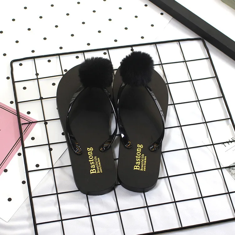 

Flip-flops women's fashion candy color beach slippers outer wear summer new fur ball flat-bottomed women's slippers